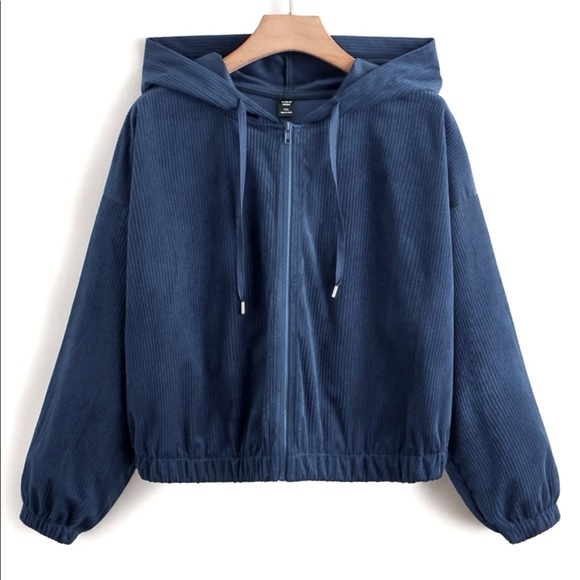 Navy Blue Cropped Drop Shoulder Drawstring Corduroy Jacket with Hood NWOT - Picture 1 of 16